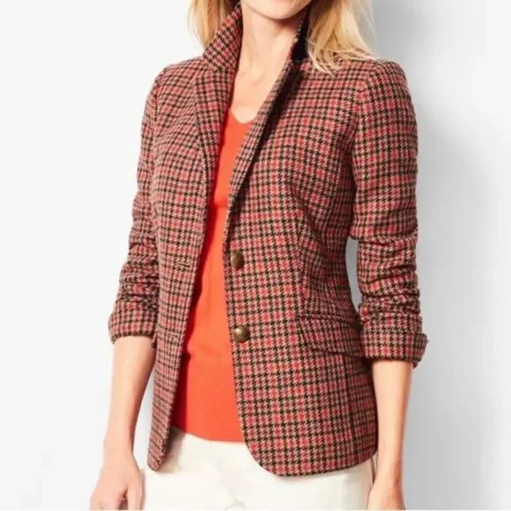 Talbots Aberdeen Wool Blend Houndstooth Classic Career Blazer Crest Buttons 10P